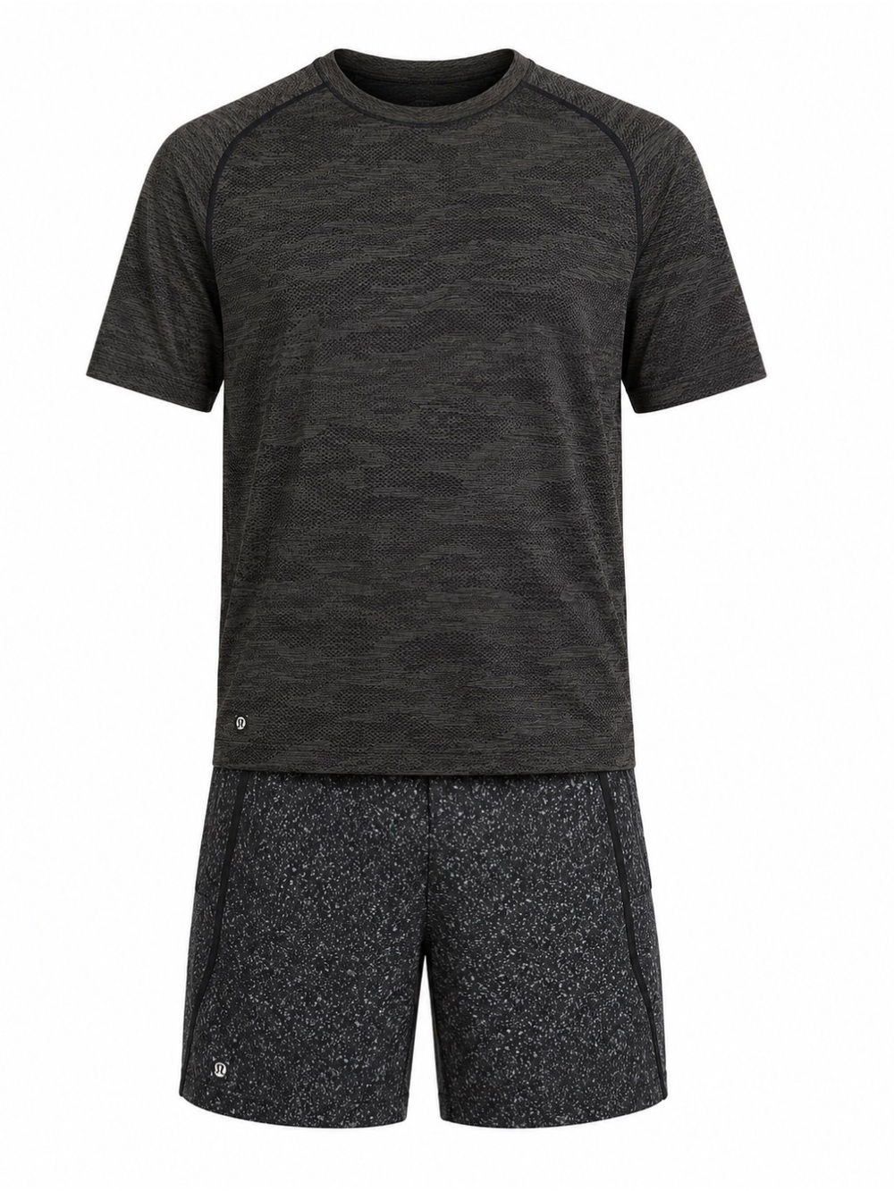 Lululemon Mens Camouflage T-Shirt & Speckled Shorts Set Size M Black & Gray